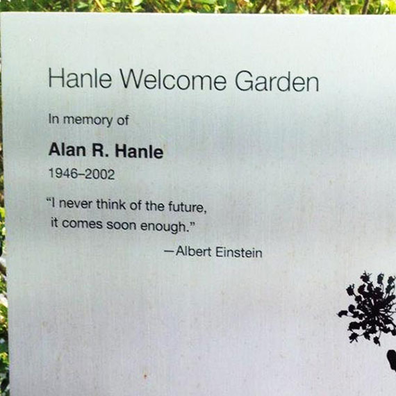 Hanle Welcome Garden. Links to Dorothy Hanle, Muriel Palmer, Mosie Gates, David I. Scott, M.D. and Gail Shapiro-Scott story